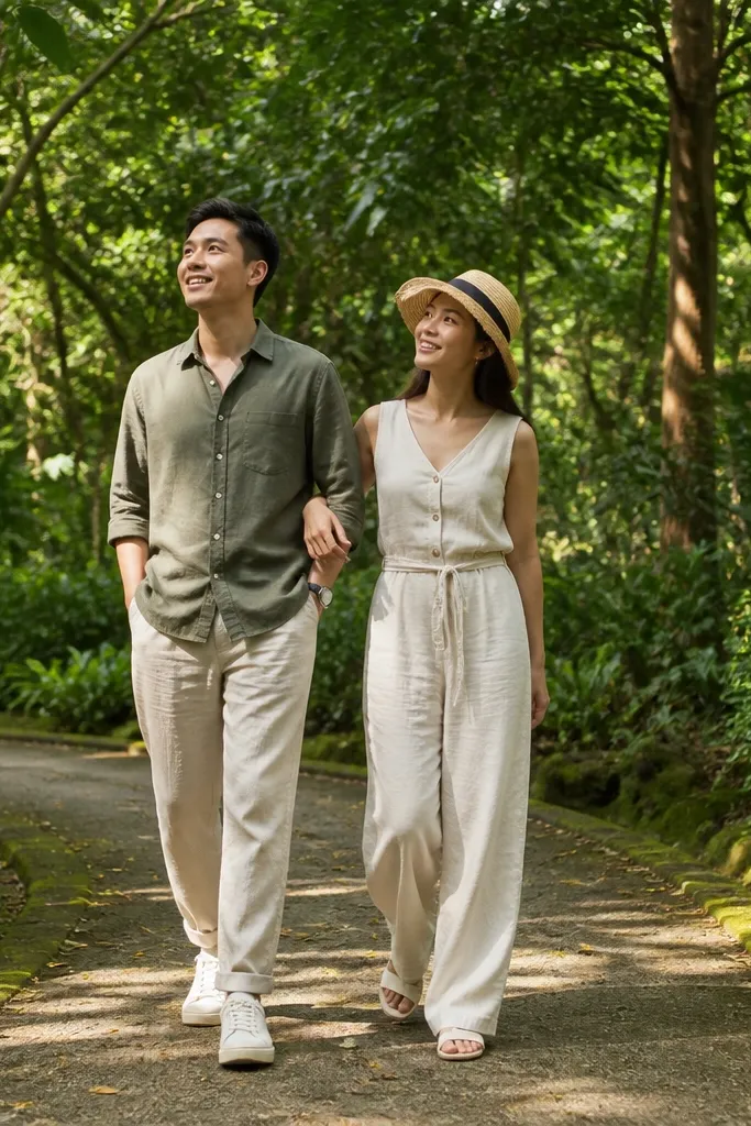 Couple walking under tall trees on a garden path with soft shaded light