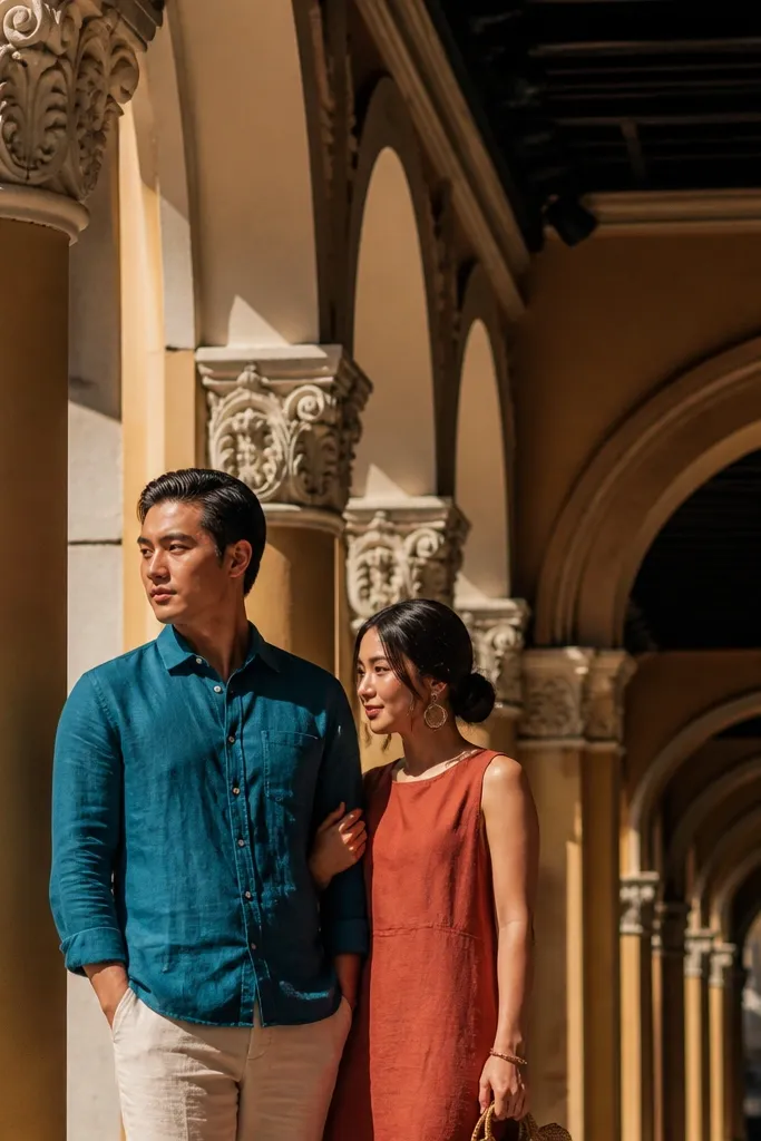 Couple in cream and rust linen standing by colorful shophouse arches