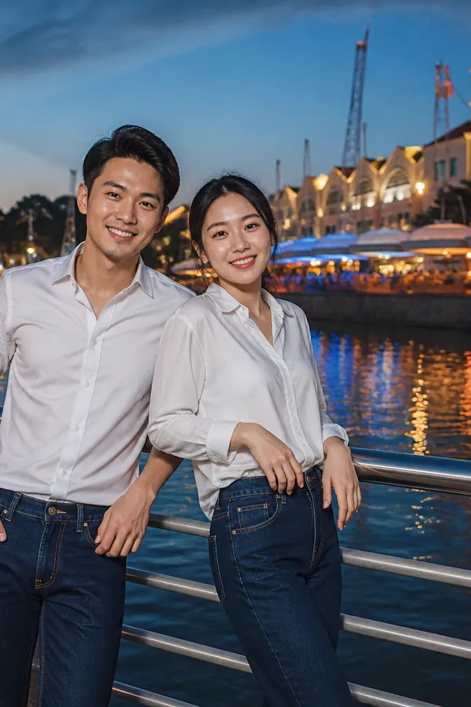 Couple in dark denim and white shirts walking along a river promenade