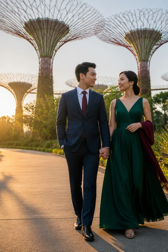 Couple in emerald and burgundy outfits framed by tall tree-like structures