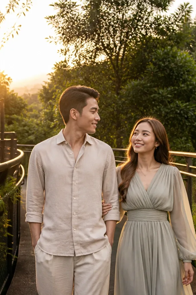 Couple in beige and sage outfits walking along a forested elevated path