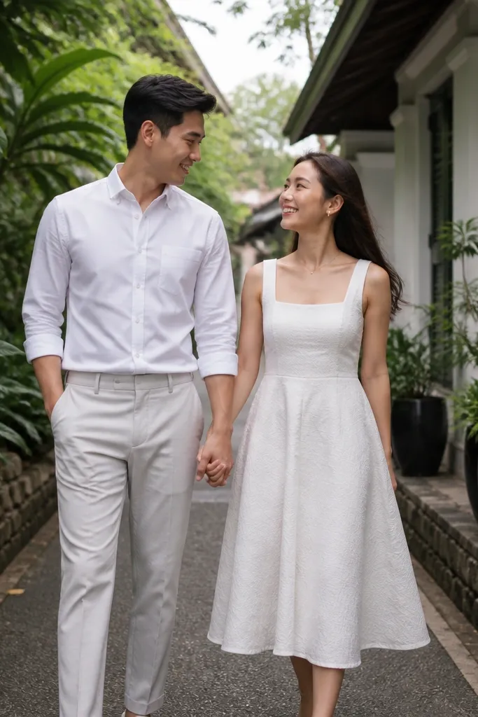 Couple in tailored white and light gray outfits walking on a quiet garden lane