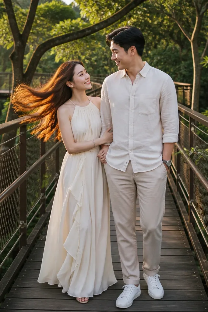 Couple holding hands on a suspension bridge above green forest