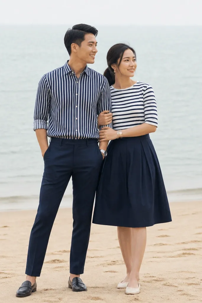 Couple in navy and white striped outfits standing by the sea