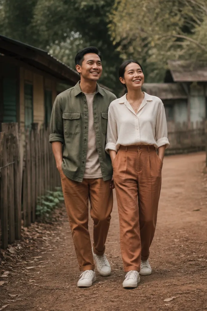 Couple in terracotta and olive outfits on a rustic dirt path