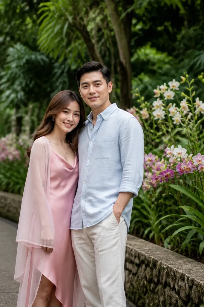 Couple in blush and pale blue standing near green foliage and flowers