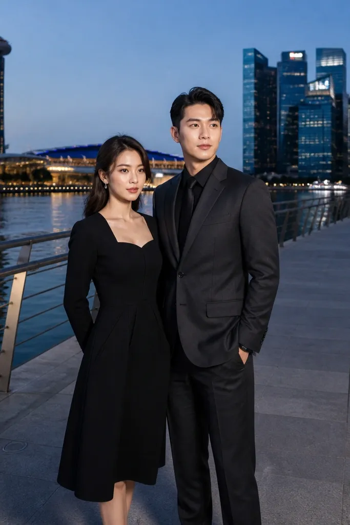 Couple in black and white outfits walking on a wide waterfront path