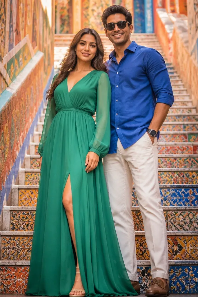Couple in marigold and emerald outfits posing near colorful mural stairs
