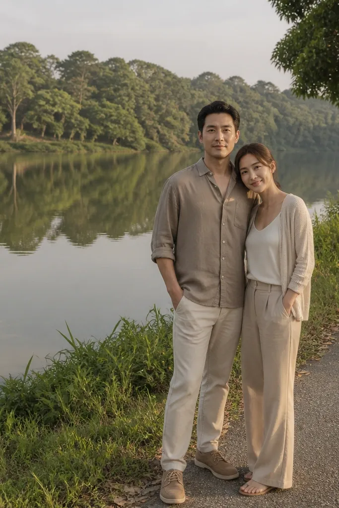Couple in light brown linen sitting near a calm reservoir with trees behind