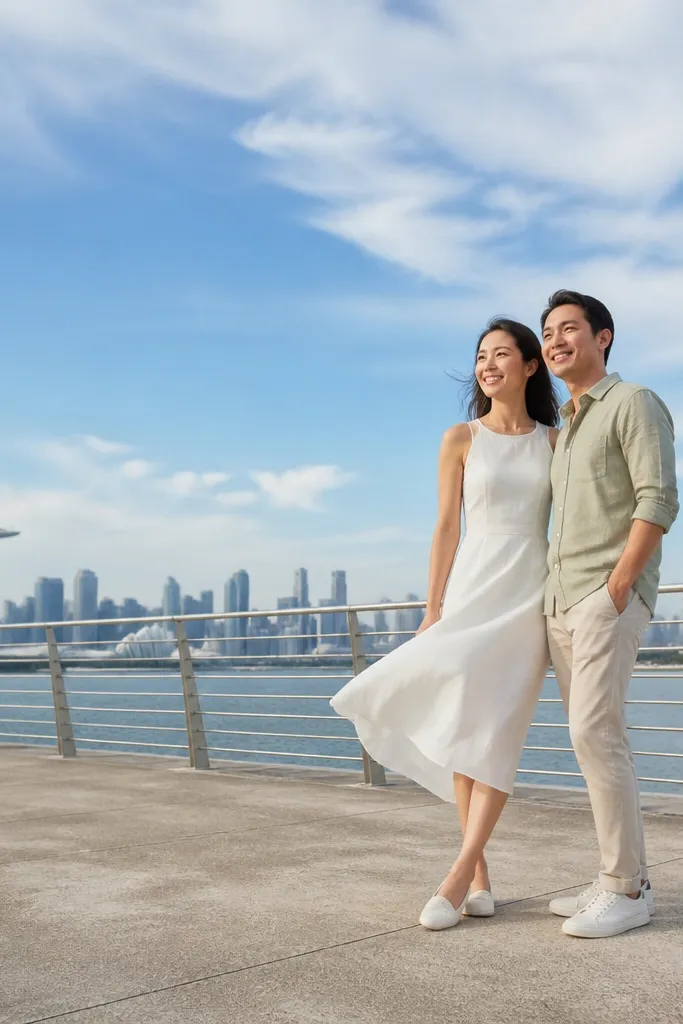 Couple in airy white and navy outfits standing by an open skyline vista