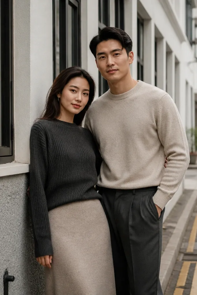 Couple in beige and charcoal outfits posing beside a row of shop windows