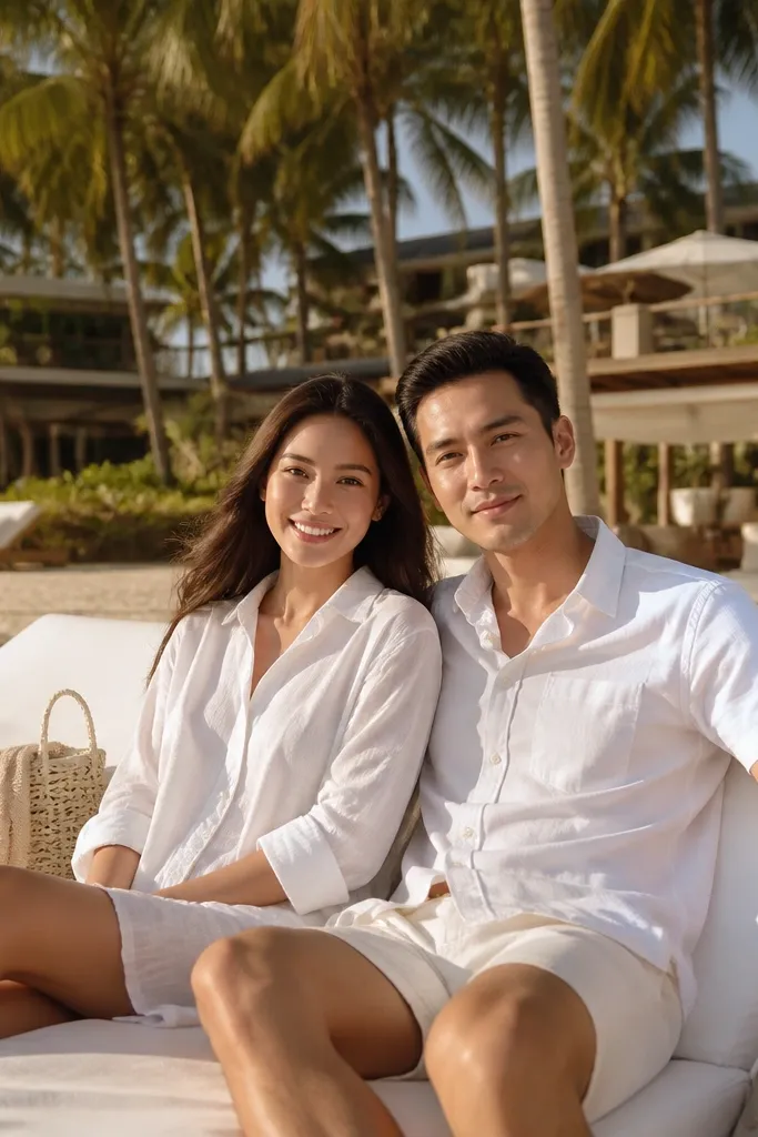 Couple in crisp white outfits standing on sand with palm trees behind