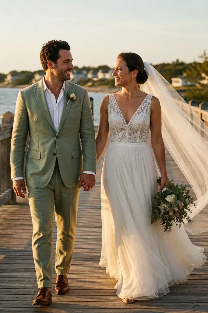 Couple walking hand in hand on a wooden boardwalk at sunset