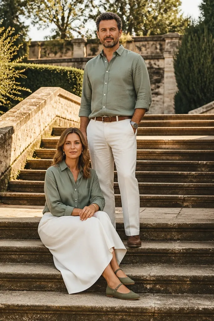 Couple posed on stone steps with one standing and one sitting