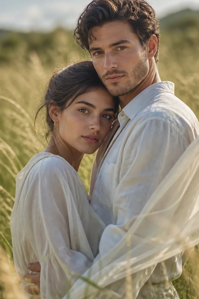 Couple standing in tall grass with fabric moving in the breeze