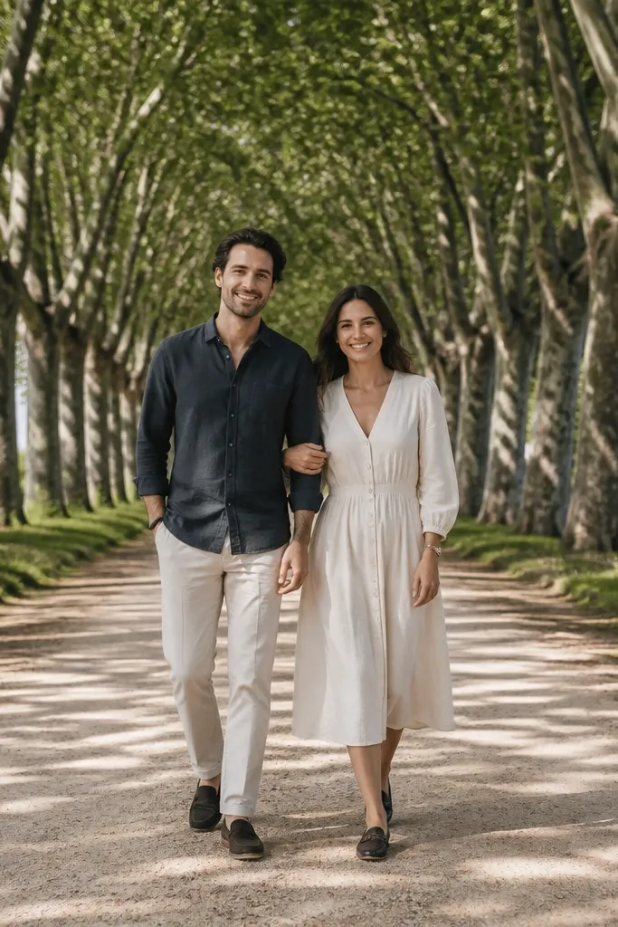 Couple walking down a tree-lined path with a tunnel effect