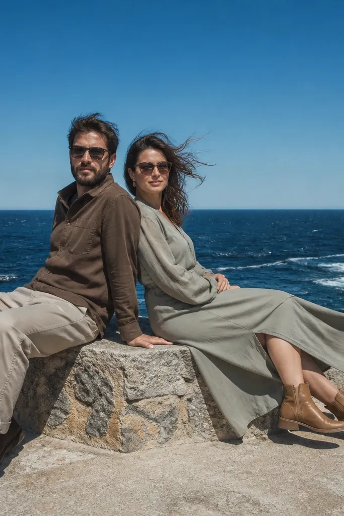 Couple sitting at a cliff edge with ocean horizon behind