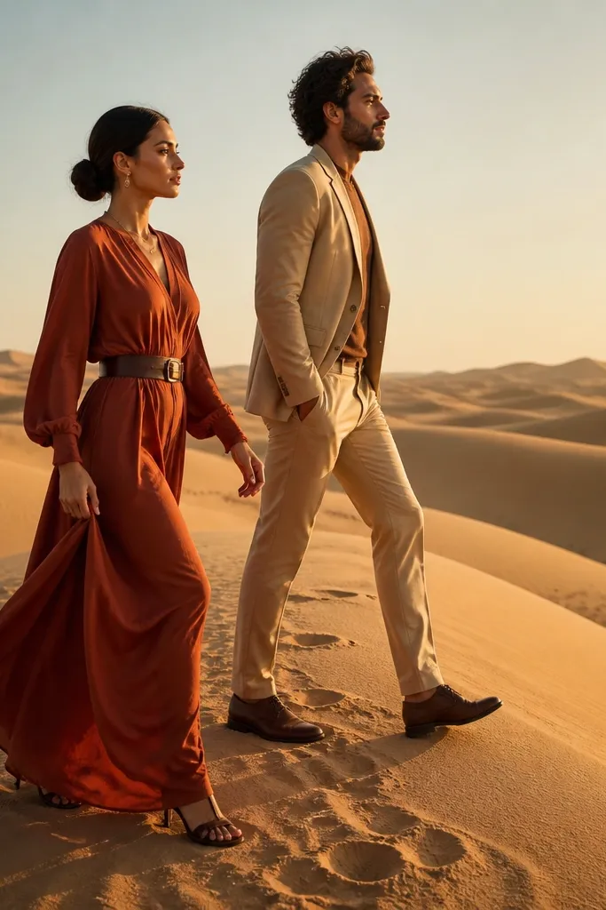 Couple in desert dunes with footprints leading toward them