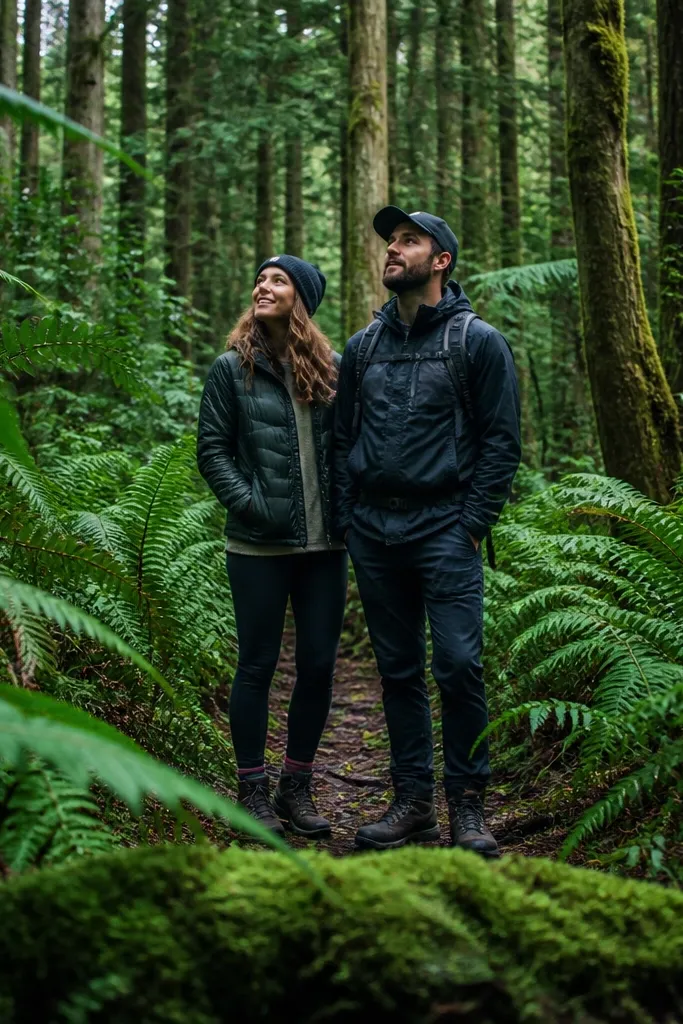 Couple posed among ferns with camera low to the ground