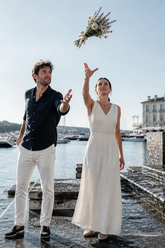 Couple on waterfront steps with bouquet tossed and caught