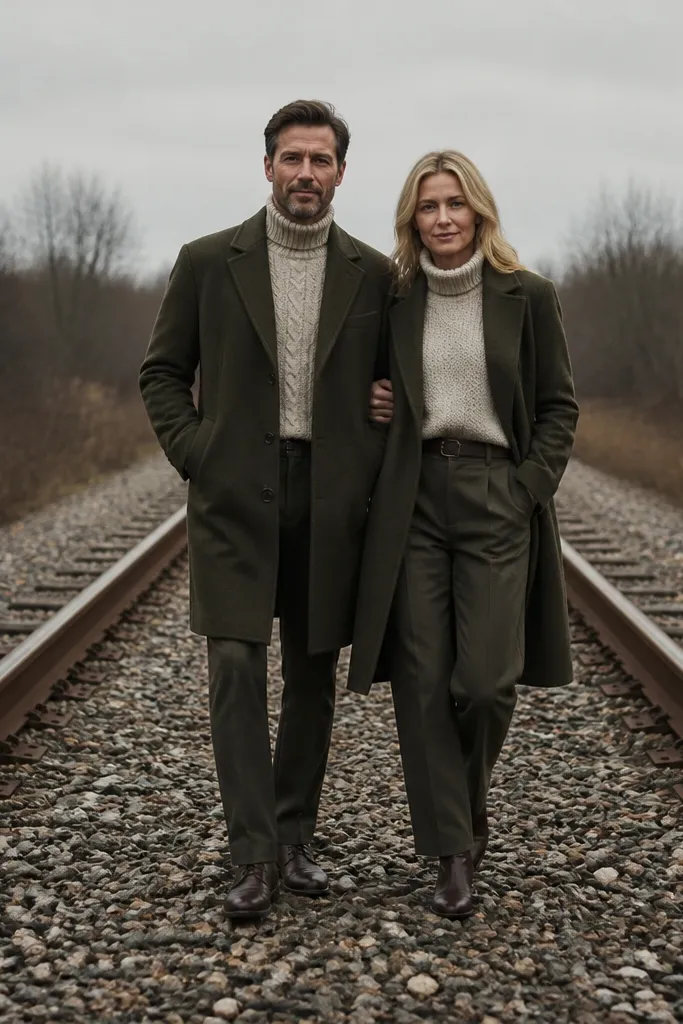 Couple walking along railroad tracks with strong parallel lines