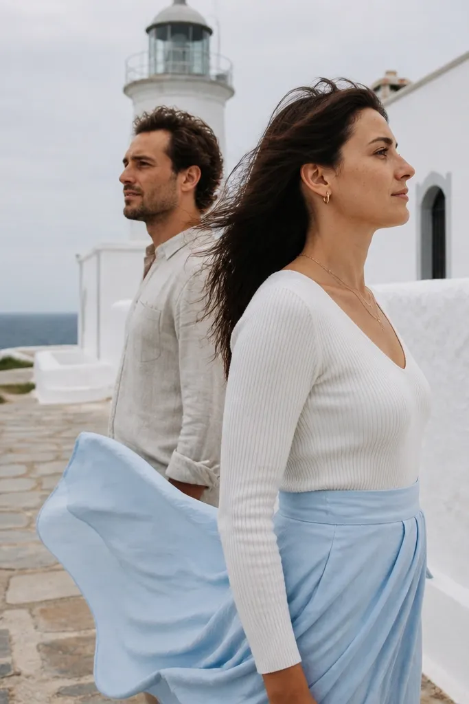 Couple posing on a path beside a white lighthouse wall