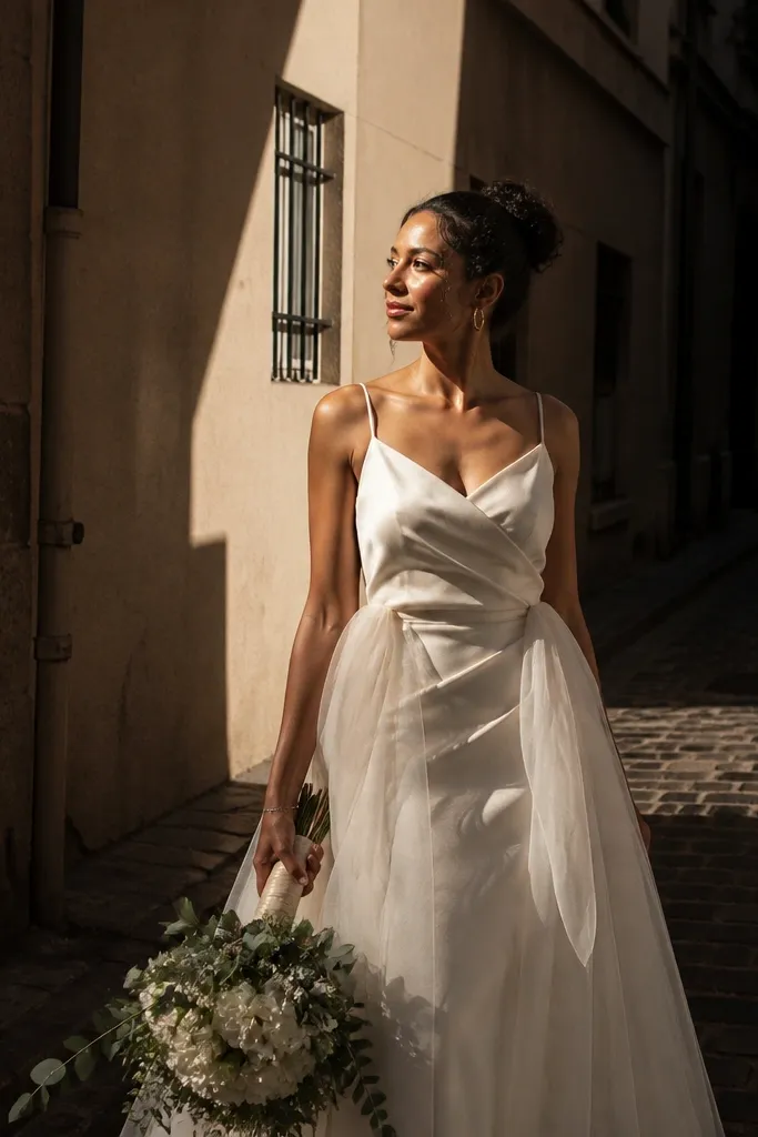 Couple posed in a narrow alley with one in sun and one in shade