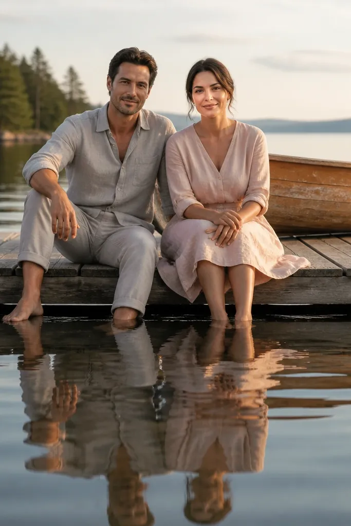 Couple seated on a dock with a row boat nearby
