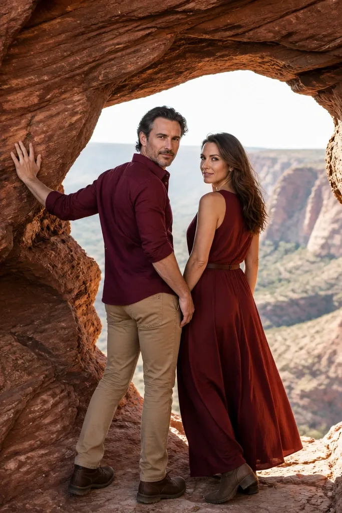 Couple posed under a rock arch with hands touching stone