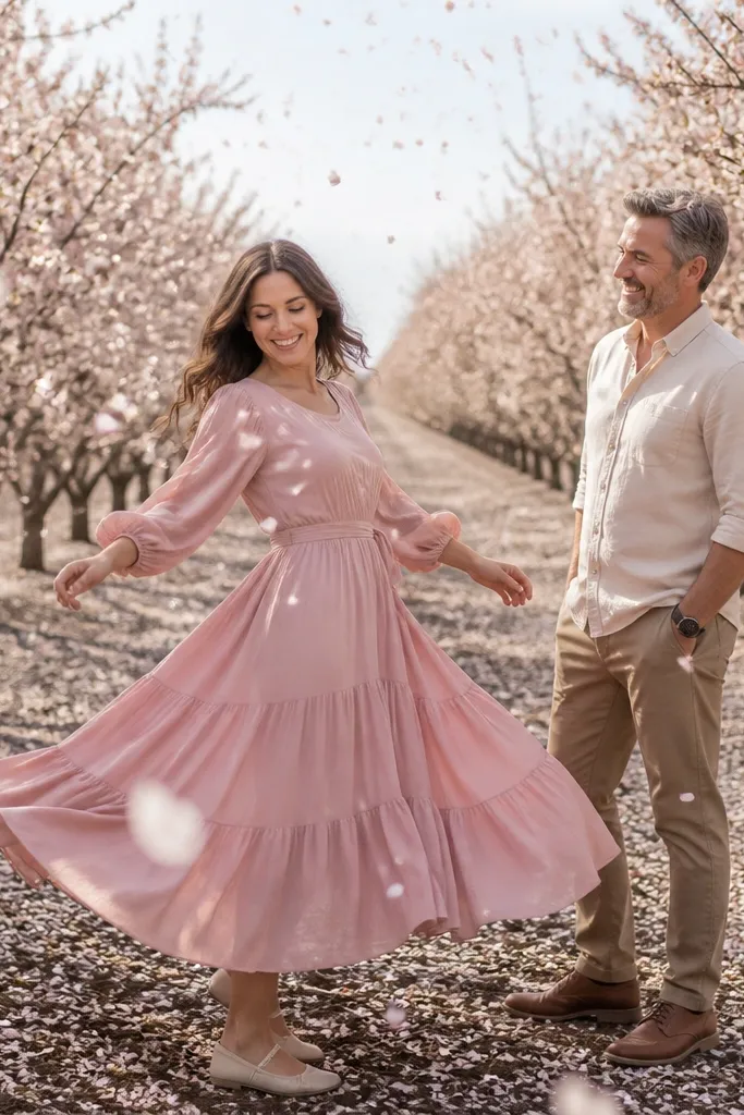 Couple twirling in an orchard with petals in the foreground