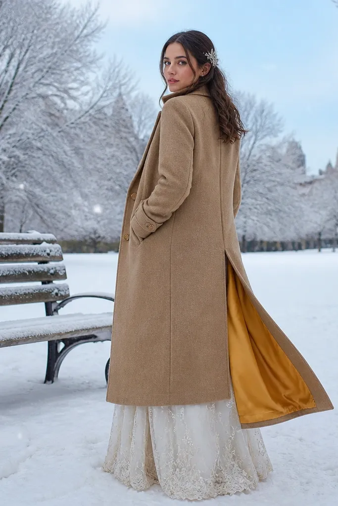 Couple sitting on a snow-covered bench with warm coats