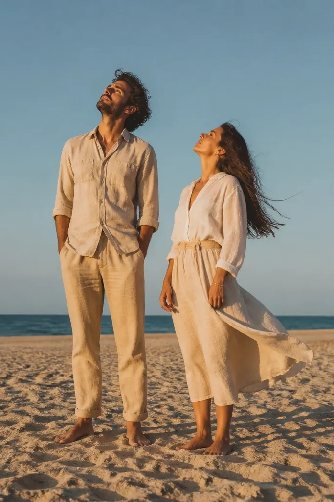 Couple on a beach with bare feet and wind-blown hair
