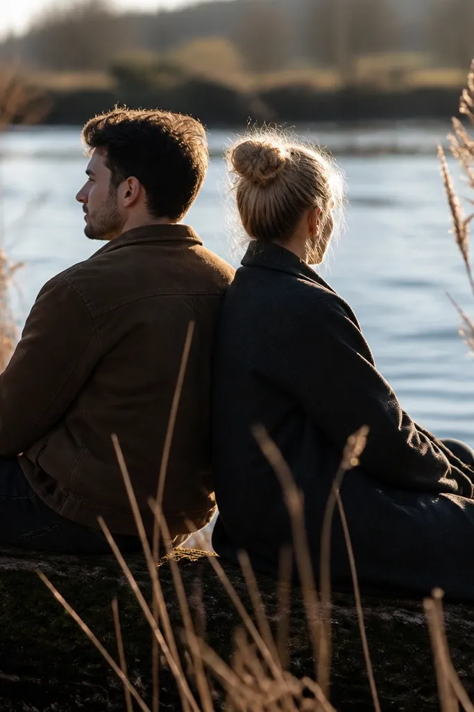 Couple leaning back near tall reeds with a soft river behind