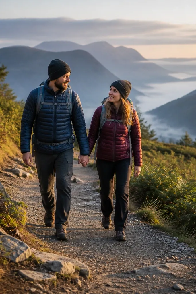 Couple walking up a forest trail on a switchback path
