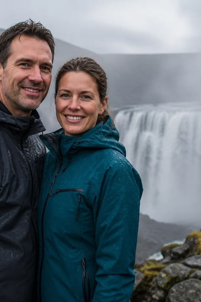 Couple under a misty waterfall with faces lit by spray