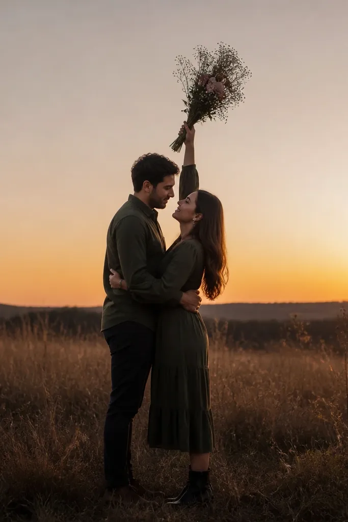 Couple standing in a meadow at sunset with bouquet held high