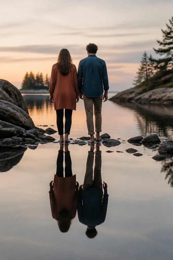 Couple walking near the shore with sunset reflection behind