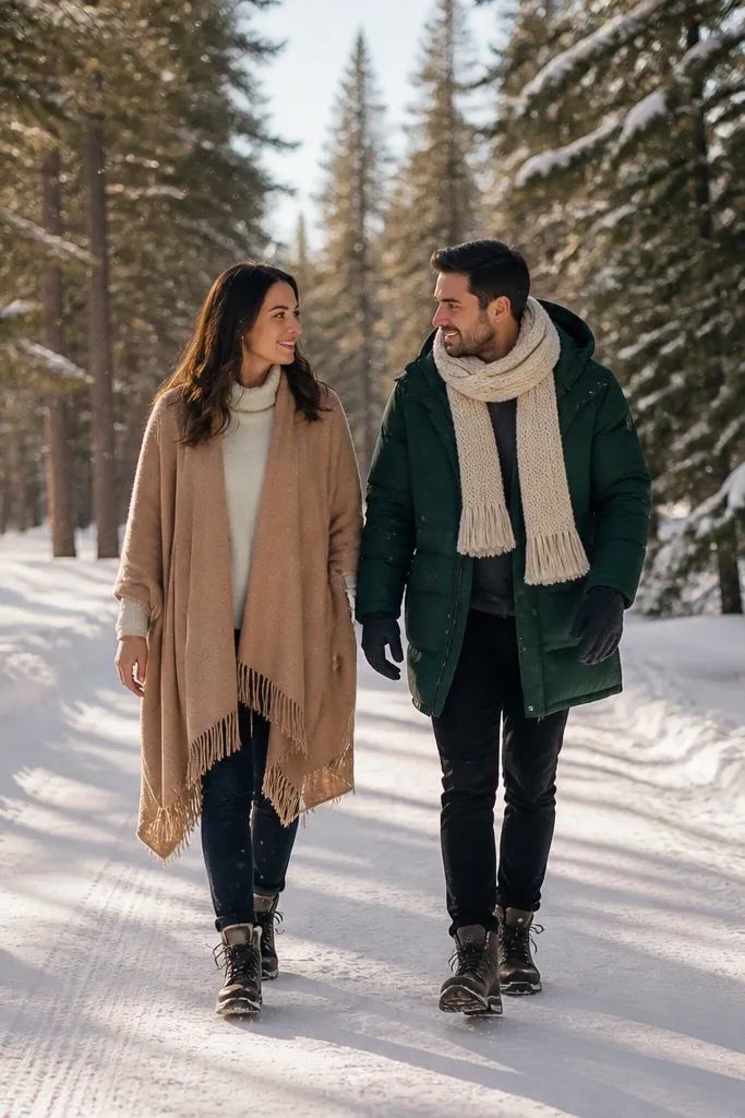 Couple walking slowly on a snowy pine path with warm wraps