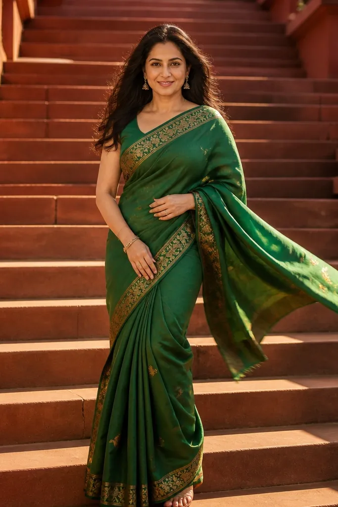 Woman in a deep maroon saree on terracotta steps with warm sunset light