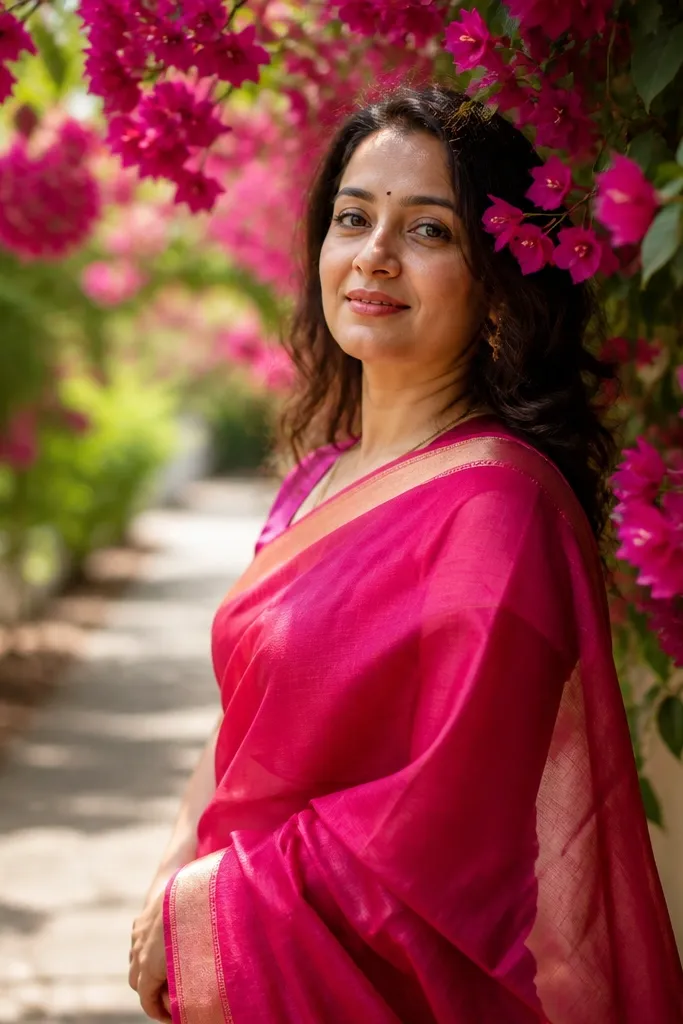 Bright magenta saree along a leafy garden path with purple bougainvillea