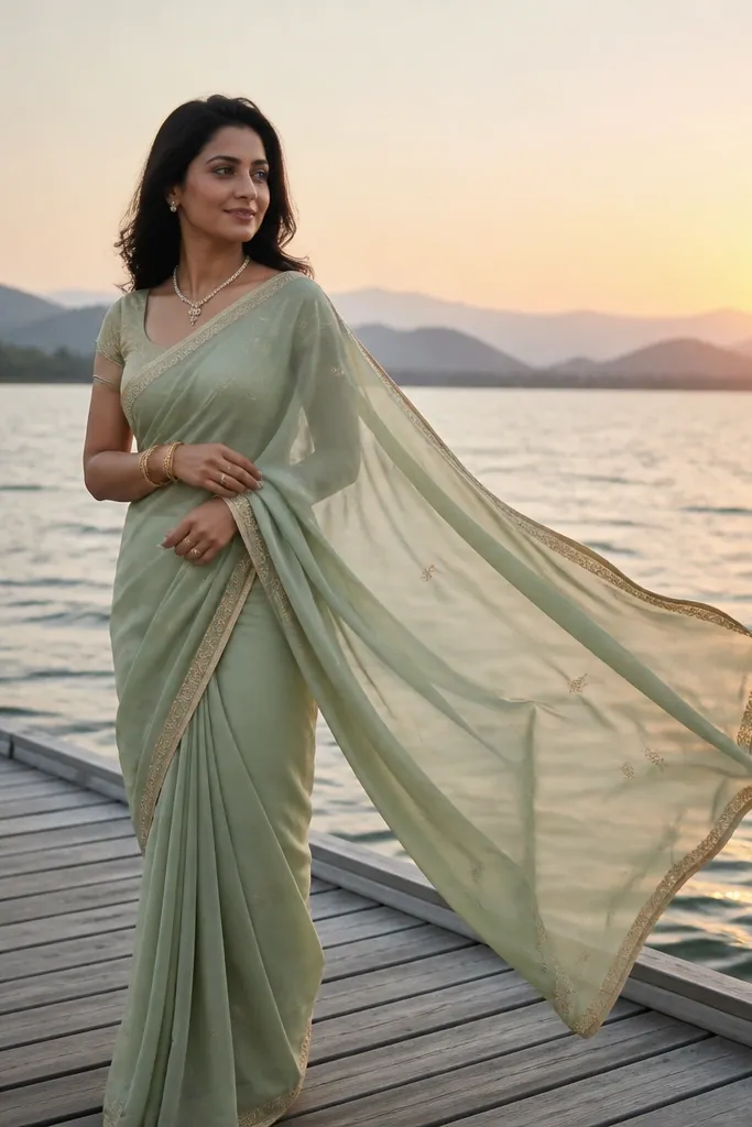 Teal saree woman walking near a calm lake with soft wind in the pallu