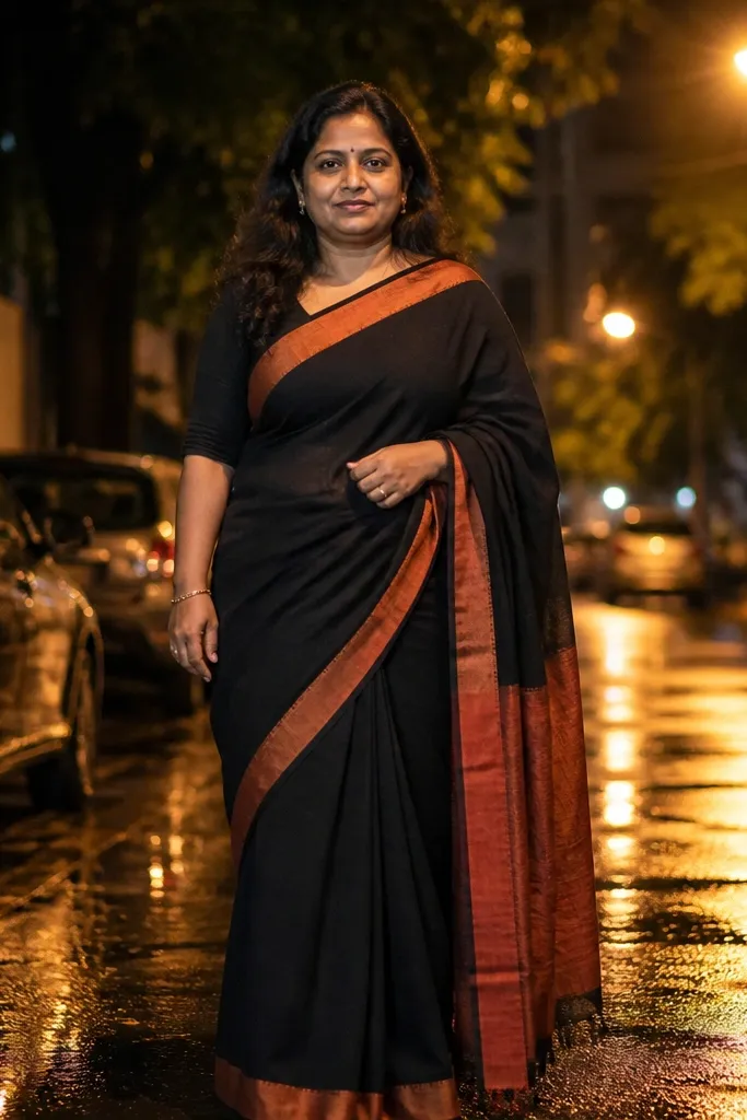 Saffron saree on a wet street with reflections under warm streetlights