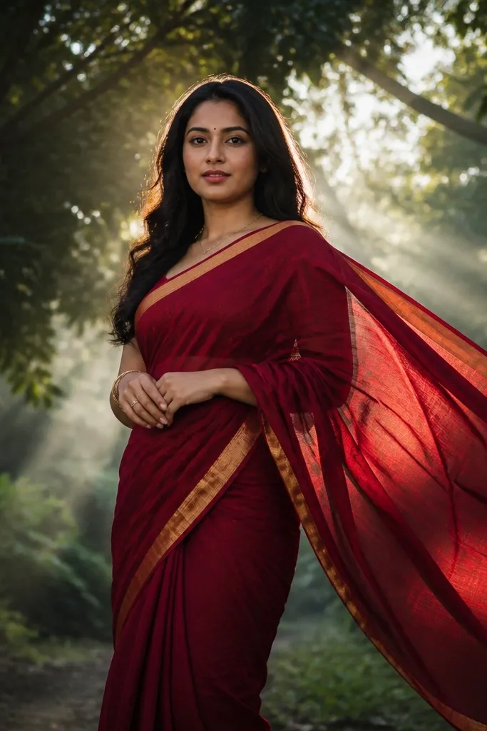 Forest-edge portraits with a green saree and sunbeams through trees