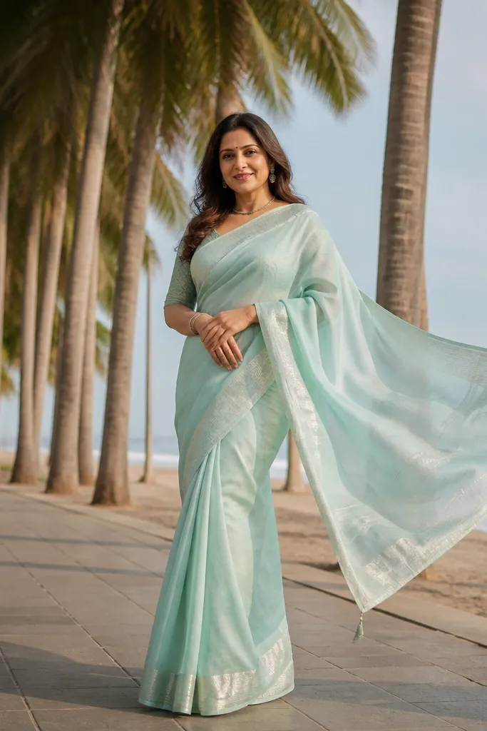 Coral saree near palm trees by the beach with wind moving the pallu