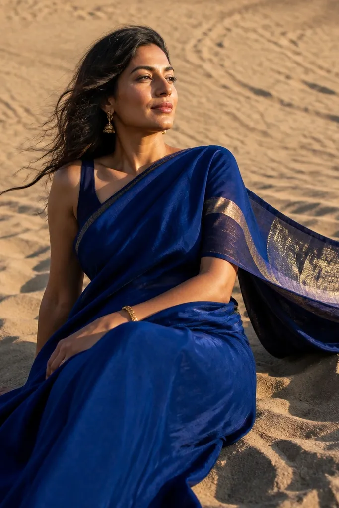 Emerald saree on textured sand dunes with soft sunset shadows