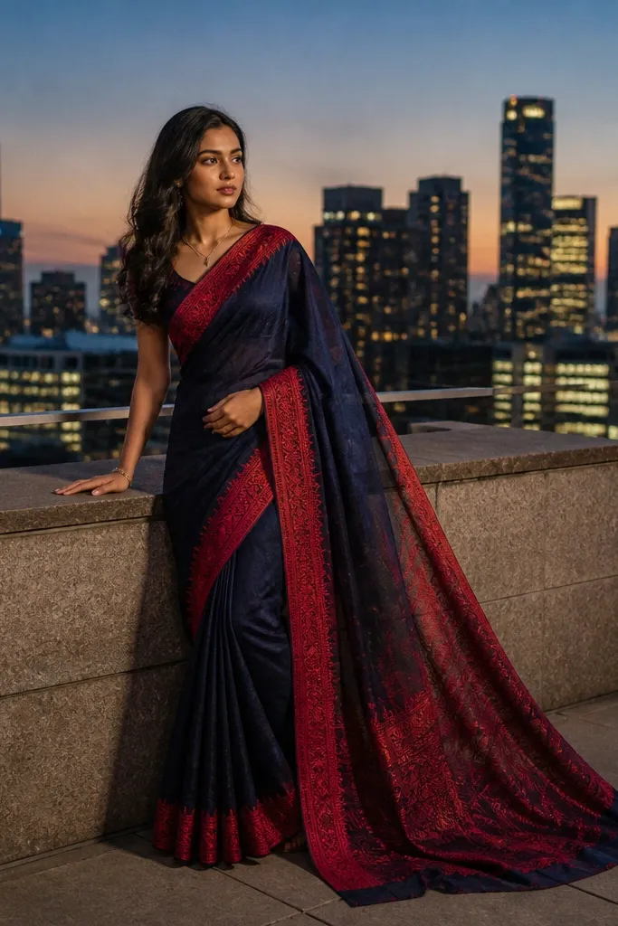 Navy saree against a city skyline at dusk with soft background blur