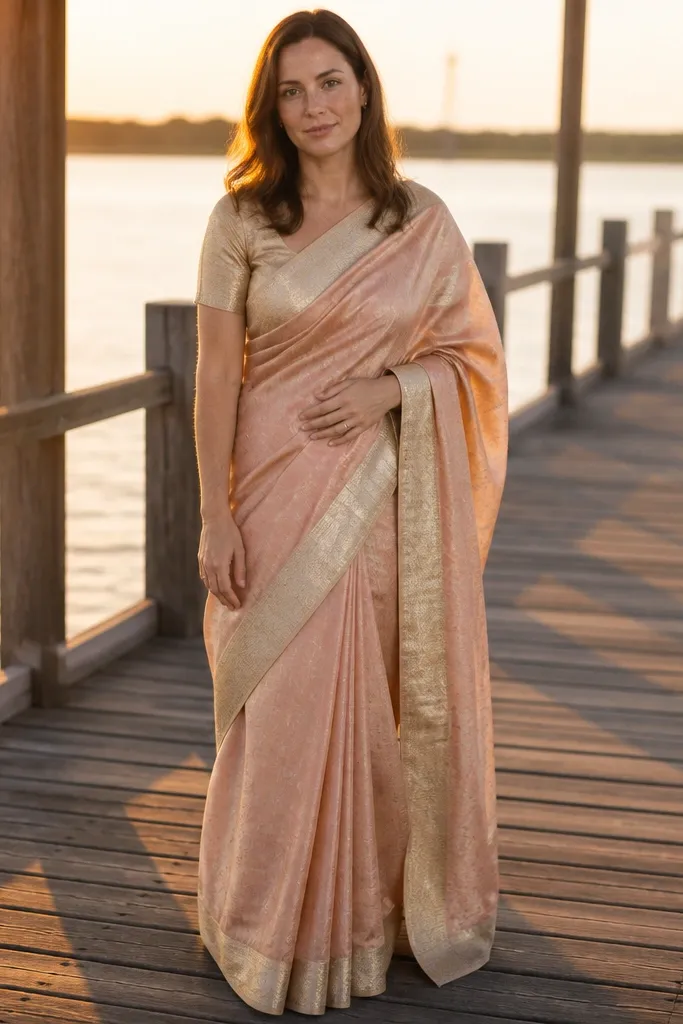 Wine saree on a wooden pier with golden light reflecting on water