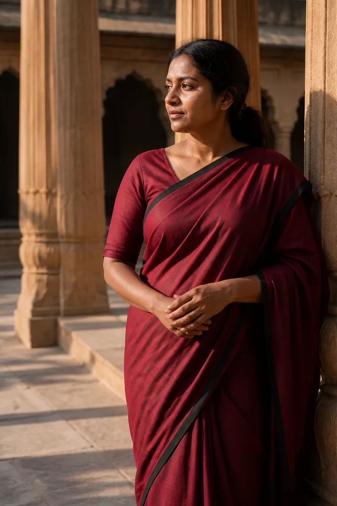 Ivory saree between temple columns with patterned shadows on the ground