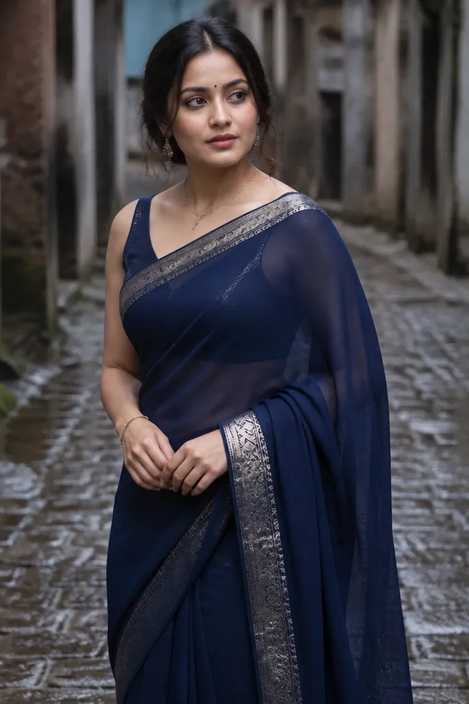 Sage green saree on a cobbled lane with soft gray sky light