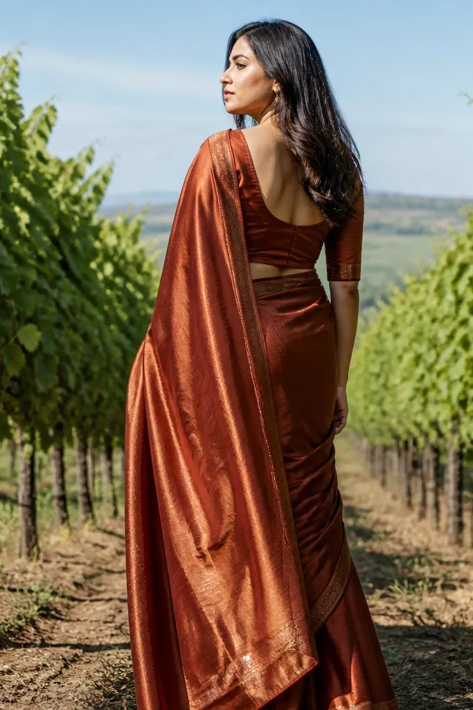 Maroon saree in vineyard rows with diagonal lines and soft sunset light